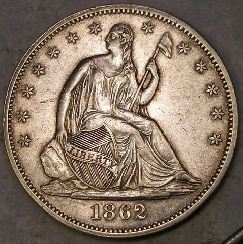 1862 LIBERTY SEATED SILVER HALF DOLLAR SCARCE W/BEAUTIFUL DRAPERY FEATHERS HAIR Cover