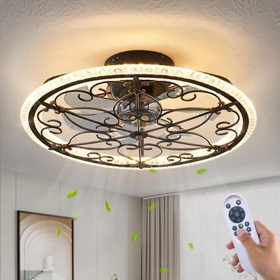 Rustic Black Caged Ceiling Fan with Light, Farmhouse Caged Ceiling Fan with Remo - Image 1 of 4