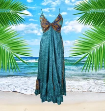 Womens Summer Maxi Dress, Halter Dresses,Paisley Blue Print Swing Strap Boho S/M