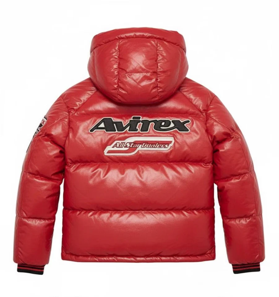 Avirex Chaqueta de Bombardero Puffer de Cuero Negro Piel de Cordero Real Abrigo de Vuelo Capucha Foto 1 de 4