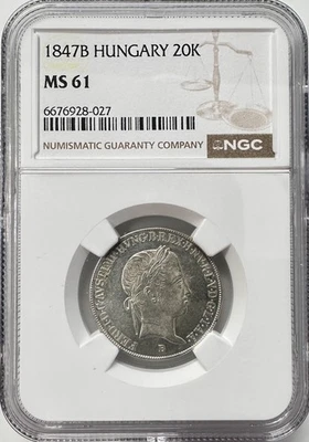 1847-B Hungary 20 Krajczar Silver Coin Graded MS61 NGC KM# 422 - Image 1 of 4