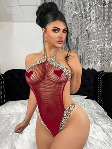Bodysuit sexy en résille léopard rouge pour soirées inoubliables - Imagen 1 de 5