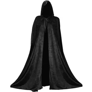 BLACK HOODED CAPE VELOUR VAMPIRE HALLOWEEN FANCY DRESS COSTUME GRIM REAPER DEATH - Picture 1 of 1