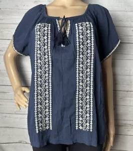 NWT Lucky Brand Shirt Small Navy Blue White Tan Embroidered Boho Elevated Indie - Picture 1 of 14