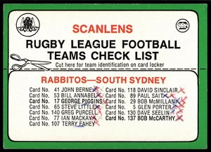 1978 Souths Rabbitohs checklist Scanlens rugby league NRL card - Picture 1 of 2