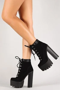 Tie Up High Heel Chunky Platform Office Street Biker Hiker Comfort Boots Black 5 - Picture 1 of 12