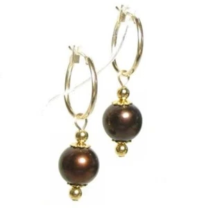 Pendientes de aro de perlas de chocolate oscuro de 9-10 mm AAA en oro 14K o plata 925 - Imagen 1 de 1