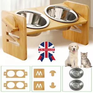 Large Dog Food Feeding Stand Station-Stainless Double Raised Bowls-Wooden Holder - Picture 1 of 9