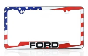 Ford American Flag Patriotic Red White Blue UV Printed Metal License Plate Frame - Foto 1 di 4