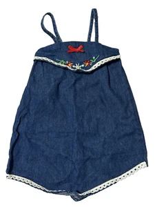 Casey J Denim Spaghetti Strap Flower Embroidered V Line Dress - Picture 1 of 7