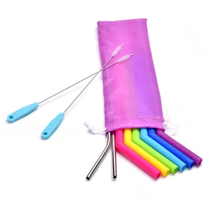 Reusable Silicone Drinking Straws Food Grade Straw with Cleaning Brushes Sets - Picture 1 of 6