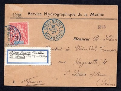 FRANCE MADAGASCAR 1907 DIEGO SUAREZ '21 AVRIL 07' TO ST. DENIS FRANKED SCOTT #34 - Image 1 of 2