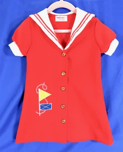 VTG HEALTHTEX Poly Knit RED SAILOR DRESS Nautical Flags Applique WHITE COLLAR 4 - Imagen 1 de 6