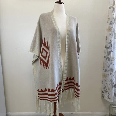 Soft Aztec Western Boho Poncho Sweater With Tassels. One Size - Image 1 of 4