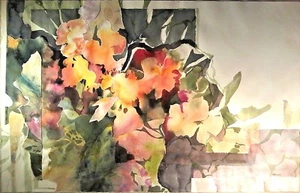 NY Artist M.A. HEINZEN LARGE Sd ORIGINAL FLORAL WATERCOLOR Construct MIXED MEDIA - Picture 1 of 10