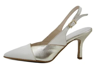 Scarpe Donna Eleganti Decolte Sling Back Pelle Beige e Oro Tacco Medio 8 cm - Foto 1 di 5