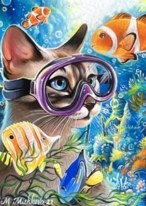 Edición Limitada IMPRESIÓN ACEO Verano Gato Mar Océano Buceo Arrecife de Coral M. Mishkova - Imagen 1 de 1