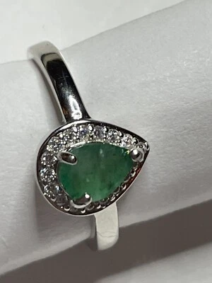 绿色翡翠 CZ 戒指 尺寸 7 14k 镀白金 925 纯银 — 第 1/4 张图片