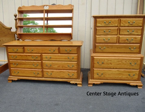 63087  Solid Oak BRADY furniture High Chest and Dresser w/ Mirror Cover