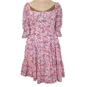 Olive and Leaf Large Floral Smocked Puff Sleeve Tiered Dress Pink Purple New - Picture 1 of 13