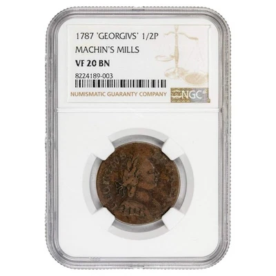United States 1787 Machin's Mills 1/2d Halfpenny Token - NGC VF-20 BN Foto 1 de 4