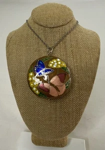 Vintage Handcrafted Women Multicolored Butterfly Gold Round Pendant Necklace - Picture 1 of 12
