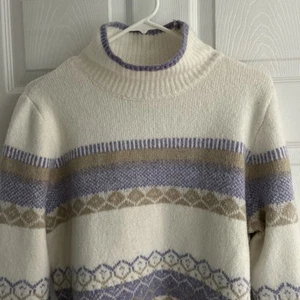 Aspen Fair Isle Sweater Mock Neck Women L Nordic Ski Cream Purple Long Sleeve - Picture 1 of 8