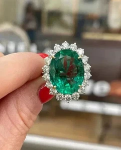 14K Weißgold plattiert natürlicher grüner Smaragd 5,00 kt Ovalschliff Heiligenschein Ehering - Bild 1 von 8