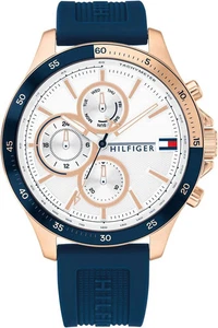 Orologio Tommy Hilfiger 1791778 Uomo Cassa Oro Cinturino Silicone Blu Quadrante Bianco 46mm - Foto 1 di 5
