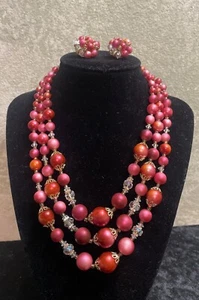 Vintage Japan Pink Beaded 3 Tier Necklace with Clip Earrings 15-18” Freeshipping - Picture 1 of 11