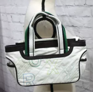 ROXY 90’S VINTAGE Purse White/Brown/Green Fabric Zip Top Purse Handbag - Picture 1 of 5