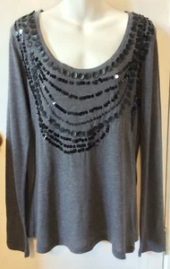 NEW DKNY Jeans Womens Sequin Shirt Top Gray Black S Thin Knit - Picture 1 of 9
