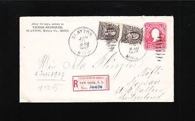 Slayton MN Registered 1907 Bureau 2x8c NY Registry Switzerland Cover 2c PSE 2t - Image 1 of 4