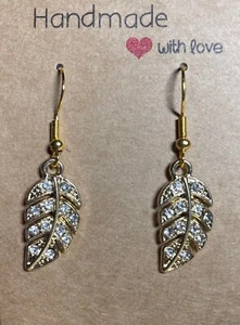 HANDMADE Gold Plated Crystal Leaf Charm Hook Earrings - Picture 1 of 1