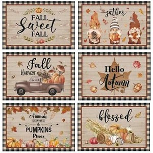 Fall Placemats Set of 6, 12 x 18 Inch Thanksgiving Place Mats Hello Autumn Ta... - Picture 1 of 7