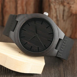 Black Nature Wooden Bamboo PU Leather Band Strap Men's Quartz Wrist Watch Gift - Picture 1 of 8
