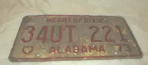 De colección~1973~ Placa de Alabama~Original~34UT 221~Rojo y Blanco~Envejecido~Desgastado - Imagen 1 de 8