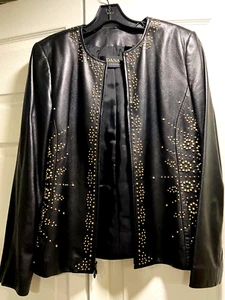 LEATHER VINTAGE SHORT BLAZER JACKET IN BLACK STUDS EMBELLISHED ZIP FRONT 10-8 - Picture 1 of 18
