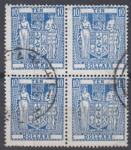 NEW ZEALAND 1986 DECIMAL ARMS TYPE $10 BLUE BLOCK OF (4) USED (ID:063/D64422) - Picture 1 of 1