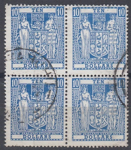 NEW ZEALAND 1986 DECIMAL ARMS TYPE $10 BLUE BLOCK OF (4) USED (ID:063/D64422) - Image 1 of 1