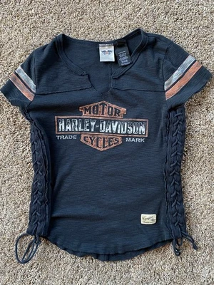 Harley Davidson Women’s Black S/S Shirt w/ Side Laces & Stripes - Petite Small - Image 1 of 4