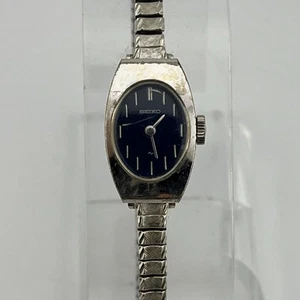 Vtg Seiko Watch Women Silver 11-7039 Blue Dial Stretch Band Manual Wind- Working - Picture 1 of 8