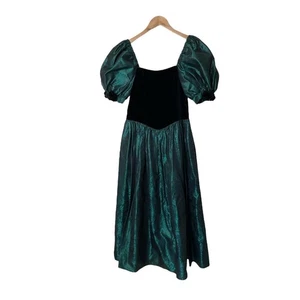 Vintage LAURA ASHLEY Black Velvet Green Taffeta Button Puff Sleeve Dress US 10 - Picture 1 of 6
