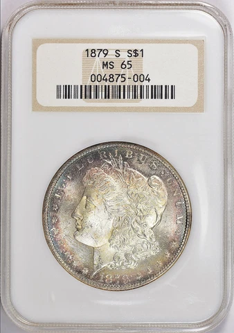 1879-S Morgan Silver Dollar NGC MS65, Pink/Cobalt Rainbow Tone, OLD HOLDER Cover