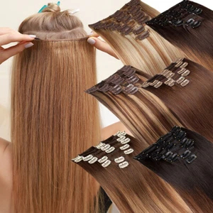 CLERANCE 100% Extensiones de Cabello Humano Clip En Cabello Remy Real CABEZA COMPLETA Marrón - Imagen 1 de 35