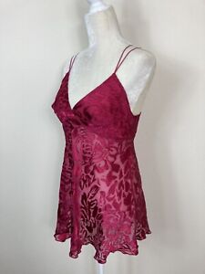 Vintage 90s Victorias Secret Raspberry Red Sheer Floral Slip Dress Silk Blend S