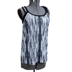 Athleta Double Up Racerback Tank Size Large Black Gray White Stripe Shelf Bra - Picture 1 of 5