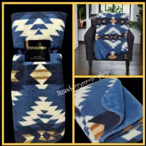PENDLETON Plush Sherpa Fleece Aztec Southwest Boho Throw BLANKET 50x70 Blue Tan - Picture 1 of 6