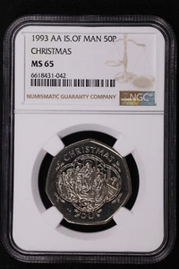 1993-AA Isle of Man 50 Pence Christmas CuNi Copper-Nickel Coin Km 356 NGC MS 65 - Picture 1 of 2
