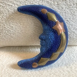 Vintage 90s Blue Crescent Moon Wall Decor Ceramic Copper Hand Painted Pottery - Picture 1 of 8